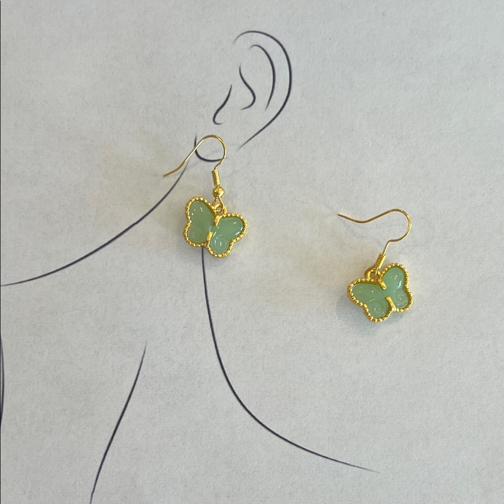 Green Jade Drop Earrings Gold Tone Transformation Butterfly Dainty Stone Jewelry